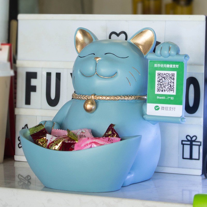 创意猫摆件送店铺开业礼品个性收银台装饰摆设免费定制收款码 三维工匠 XR-333A加大号--粉色+普通纸盒+音响高清大图