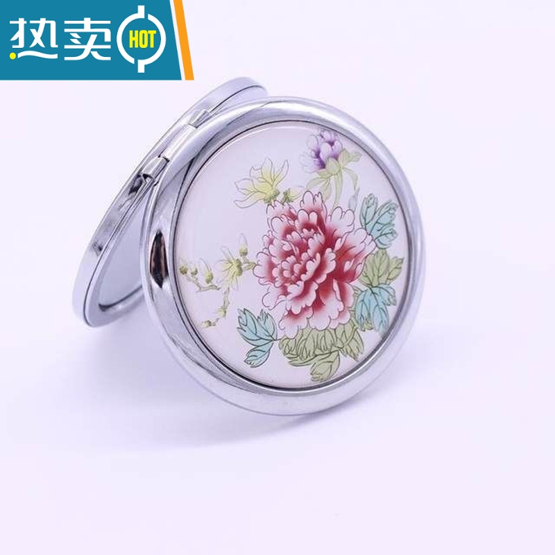 敬平可爱金属化妆镜随身便携美容小镜子折叠创意迷你山水画双面圆镜便携式用镜 青花牡丹#高清大图