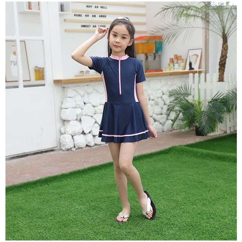 儿童游泳衣女孩连体学生韩版初中生小公主女大童泳装韩版保守套装