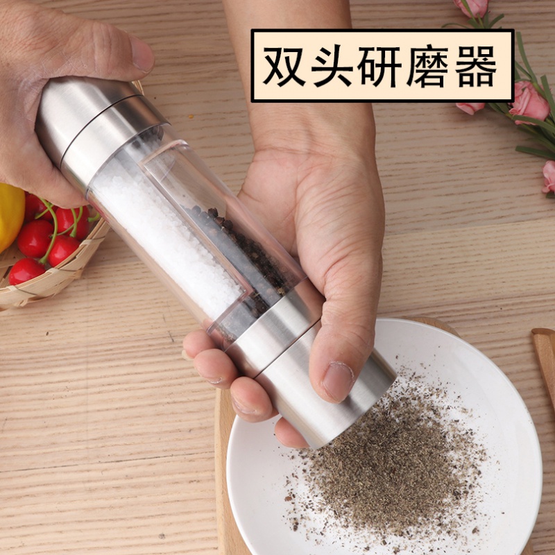 304不锈钢双头胡椒研磨器花椒白黑胡椒粉研磨器手动调味瓶 敬平调味罐高清大图
