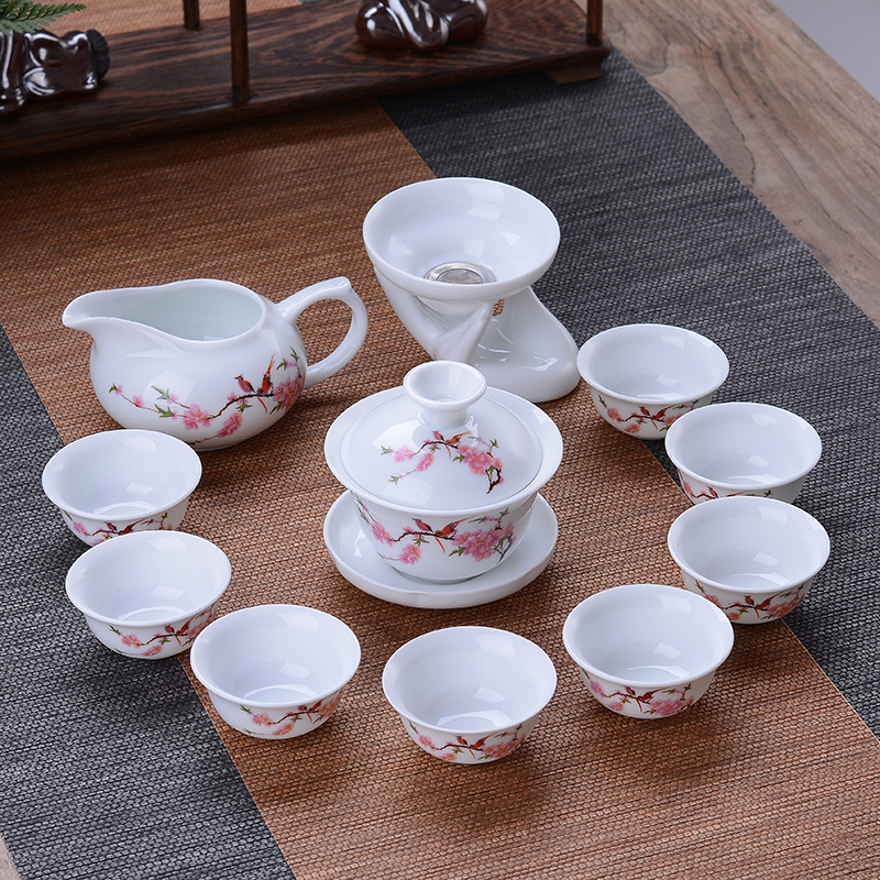 茶具套装青花陶瓷家用泡茶器功夫盖碗整套简约办公室会客茶杯特价 12件套高白瓷桃花