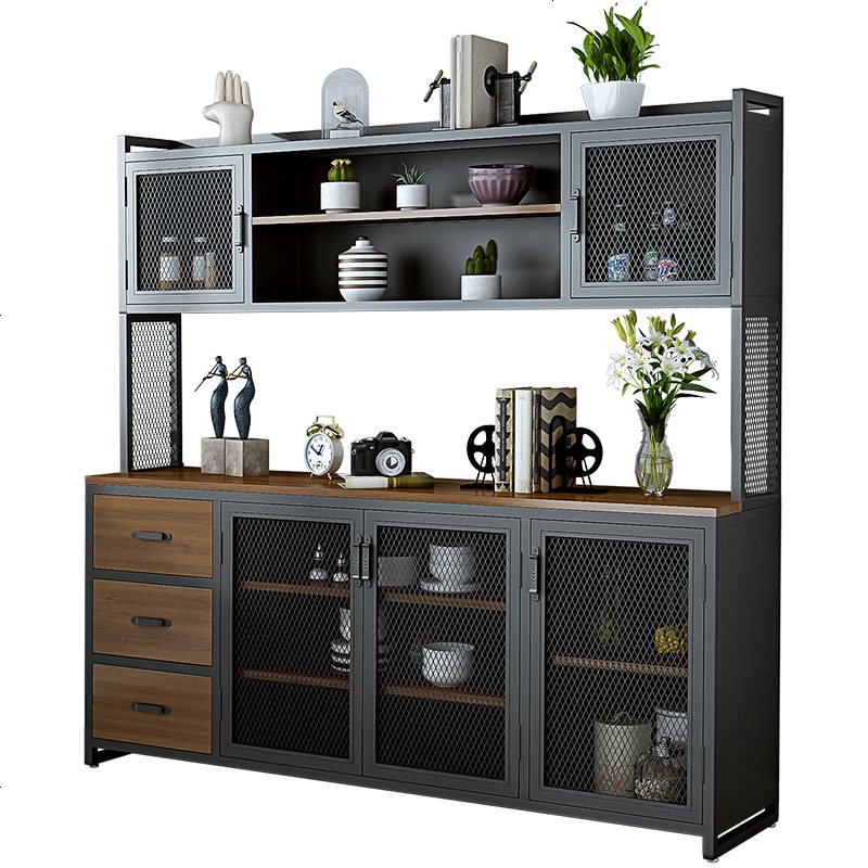 工业风铁艺餐边柜实木多功能厨房客厅餐厅组合储物柜碗柜收纳柜子 三_三抽加高款：200*40*175CM_双_
