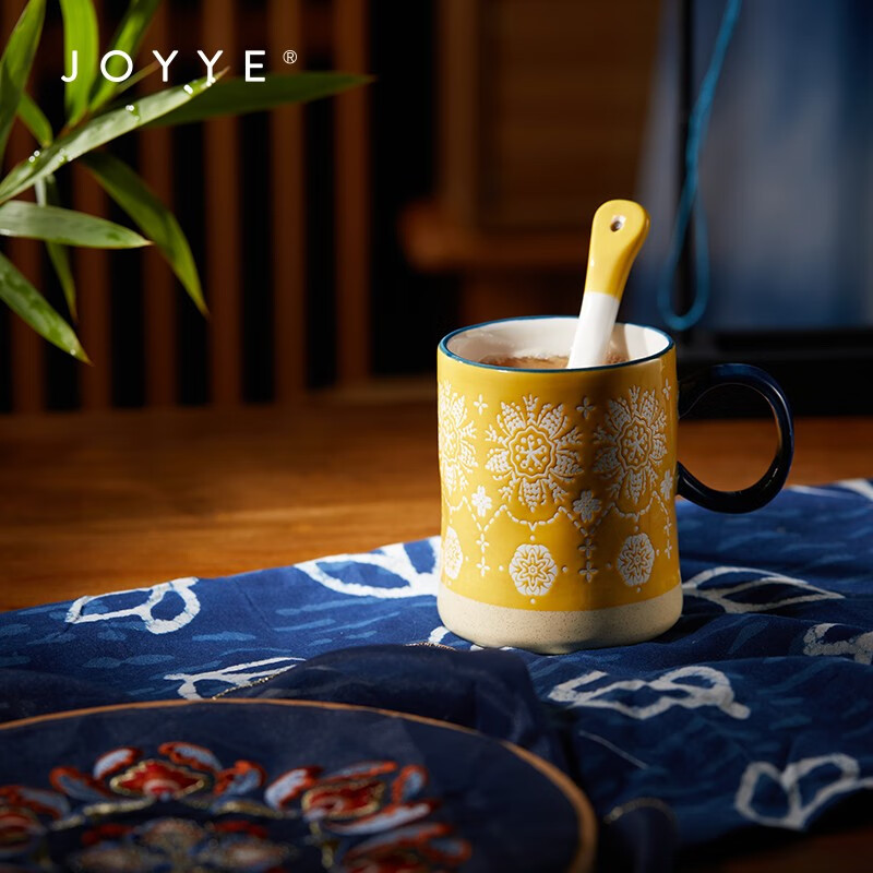 JOYYE生日礼物马克杯带勺有手柄创意刺绣图案水杯实用高档节日送礼 佛手东乡高清大图