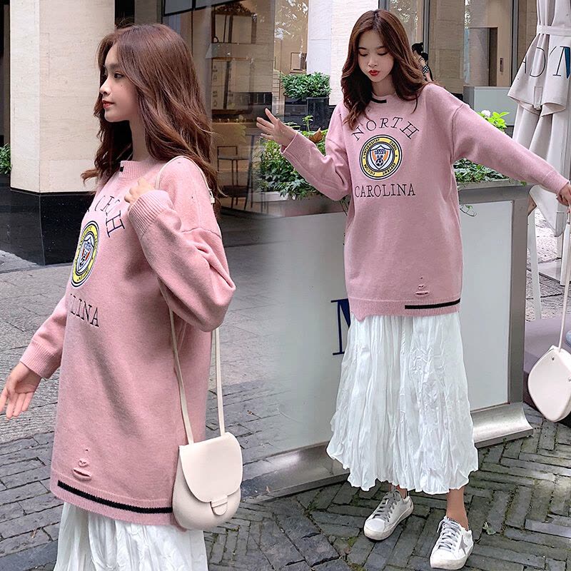 迪鲁奥(DILUAO)孕妇装秋装女套头新款秋季宽松毛线衣 蓝色 均码[适合约90-160斤]图片