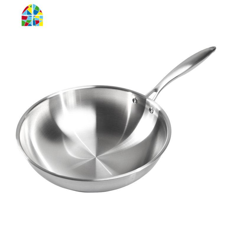 炒锅锅304不锈钢炒锅平底无涂层无油烟电磁炉明火锅具 FENGHOU 30cm内径盖