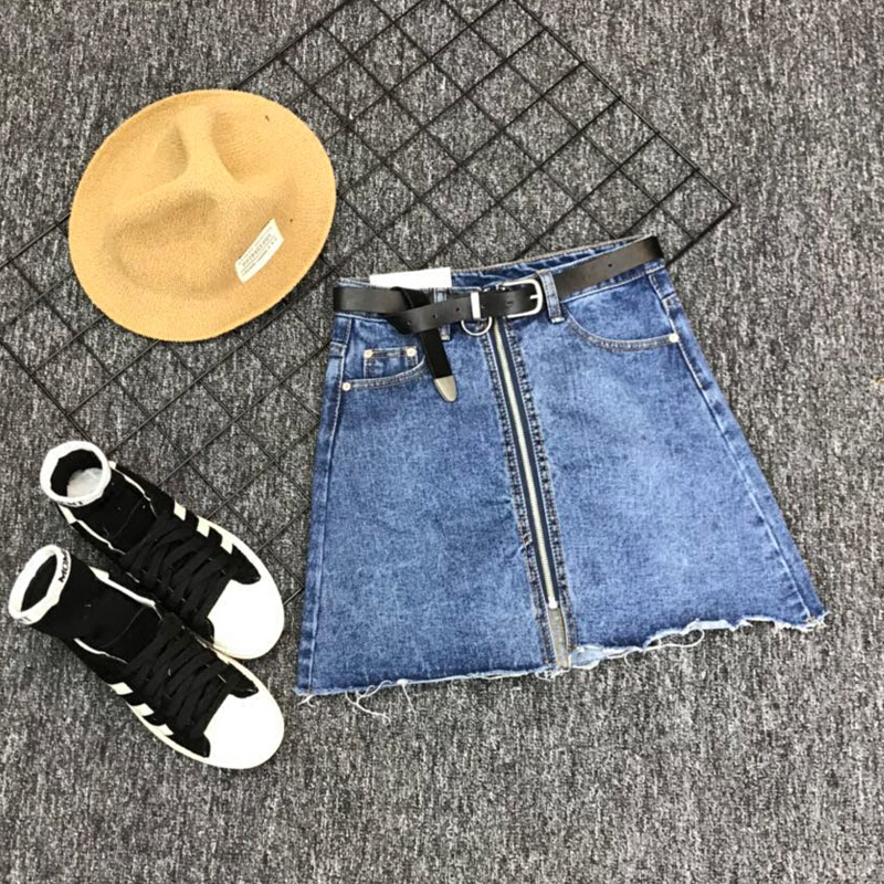 2018夏季新款韩版毛边高腰女装牛仔包臀半身裙修身a字短裙蓝色