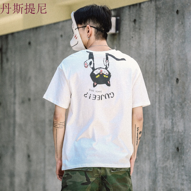 东京衣柜夏装新品男士小猫印花休闲短袖T恤潮流嘻哈半袖情侣体恤