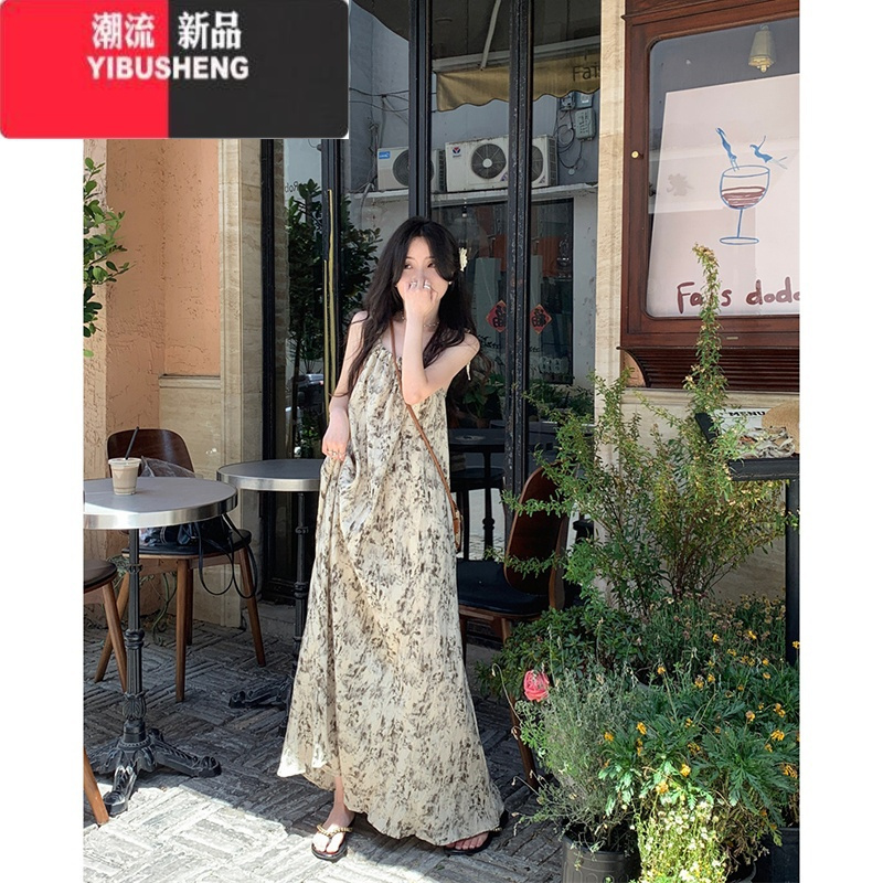 YIBUSHENG季2024新款韩版气质减龄绑带碎花设计感宽松长款吊带连衣裙女装