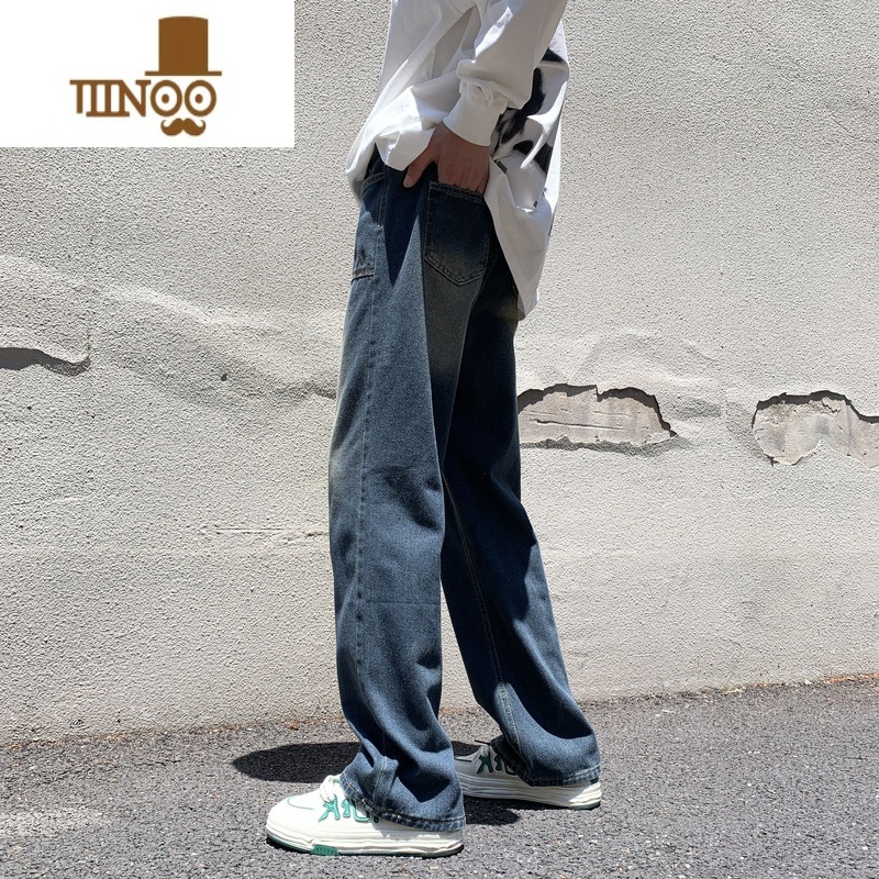 YANXU牛仔裤男夏季美式复古宽松直筒阔腿长裤高街vibe水洗做旧拖地式做高清大图