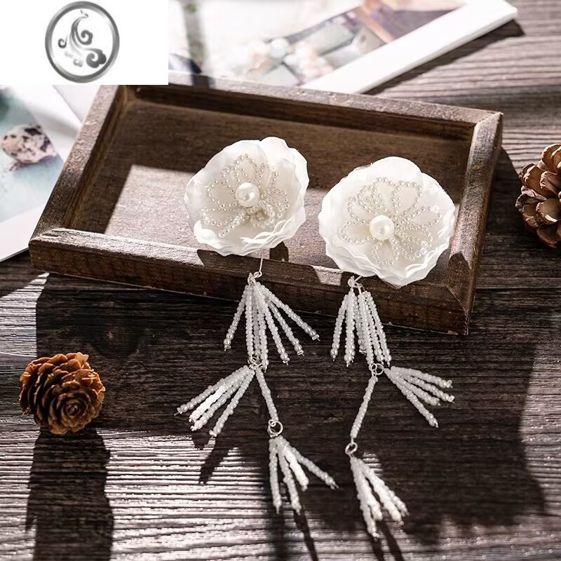 jimi日韩新娘耳环手工串珠流苏花朵结婚纱耳夹旅拍写真跟妆造型配饰女