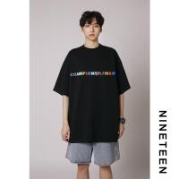 十九秋2021夏季新款彩色字母印花情侣男女半袖体恤宽松短袖T恤ins 黑色 S