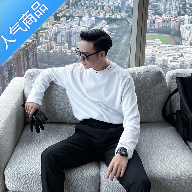 喻娄[]原创设计韩版潮男纯色圆领休闲T恤ins男士百搭长袖图片