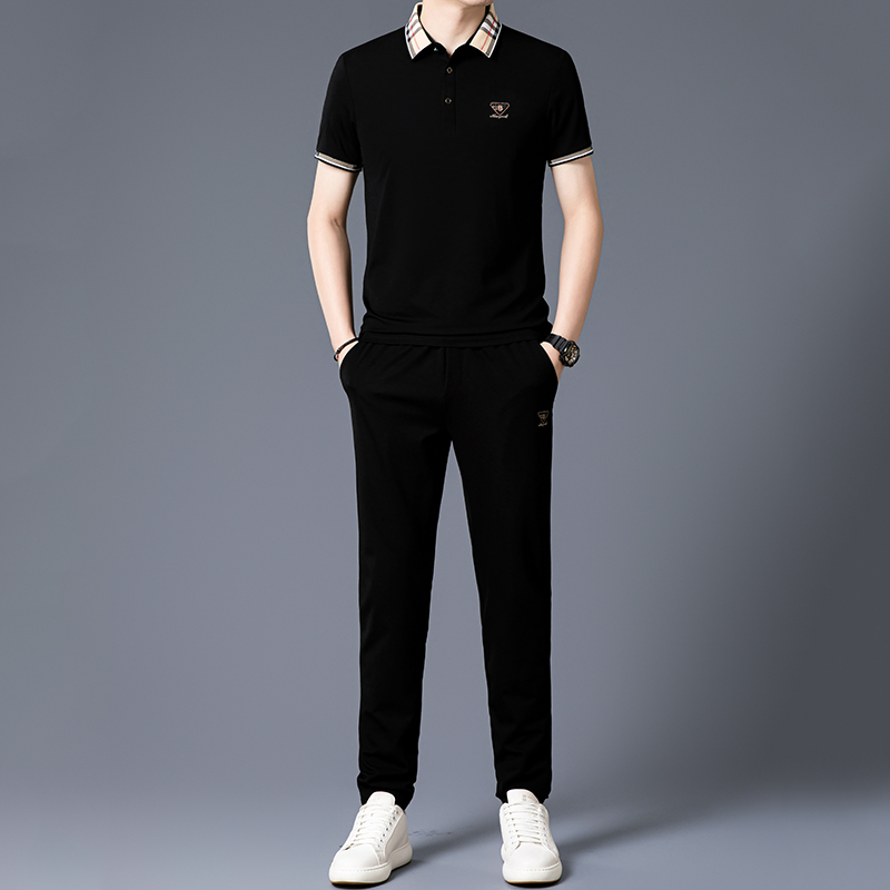 恒源祥高端桑蚕丝男士休闲运动套装男款短袖冰丝翻领搭配气质夏装 5091款黑色 170/L适合体重120-135斤