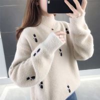 毛衣女半高领秋冬2023新款韩版绣花宽松内搭加厚针织打底衫 3XL建议135-150斤 薄款浅咖色