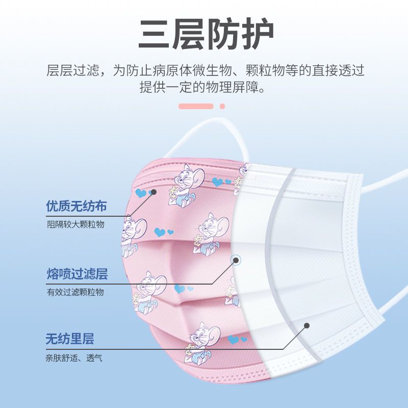 海氏海诺一次性医用口罩10只儿童口罩卡通图案猫和老鼠独立包装 蓝色小猫款 共5袋