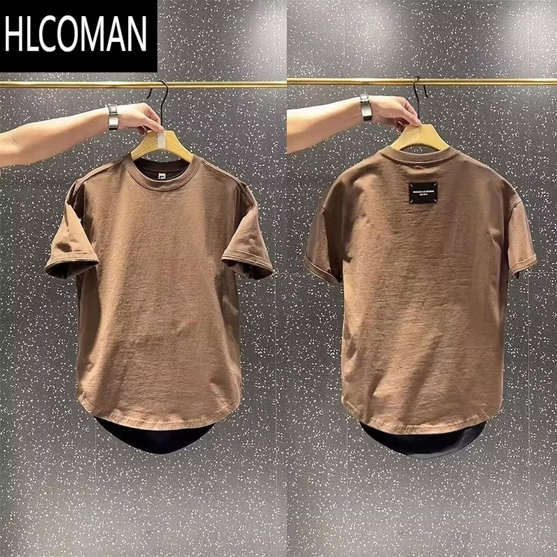 HLCOMAN白色短袖t恤男士夏季潮流弧形下摆休闲纯色净板圆领打底半袖