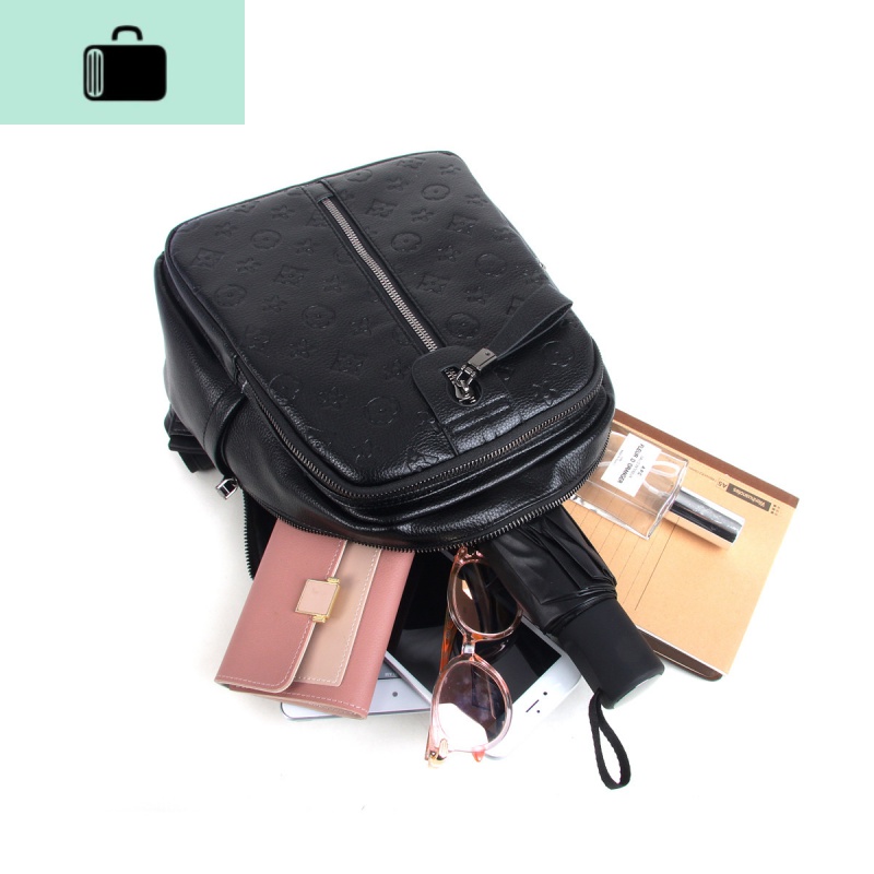 压花PU双肩包2020年新款时尚纯色百搭背包休闲韩版潮流学生书包NEW LAKE 黑色高清大图