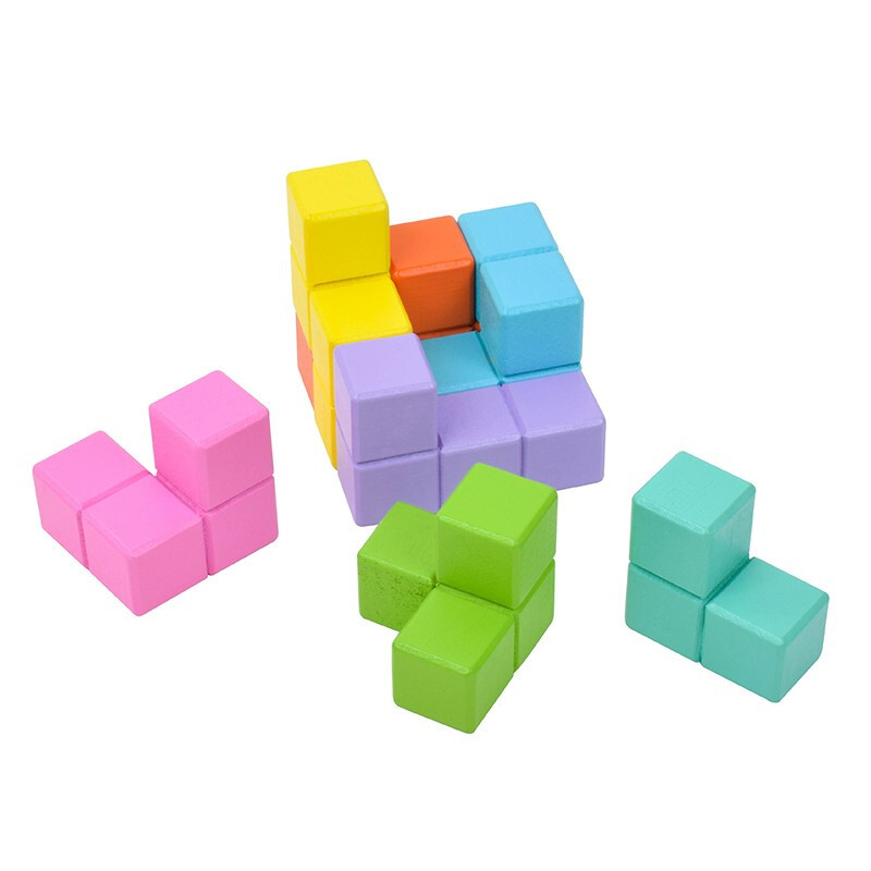 儿童传统木头拼图索玛立方体俄罗斯方块小积木幼儿园早教玩具马卡龙色