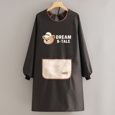 长袖罩衣女厨房专用围裙家用防水防油护衣卡通2024新款冬季工作服3759A 背带擦手兜防水【咖扣DR熊皮蓝】