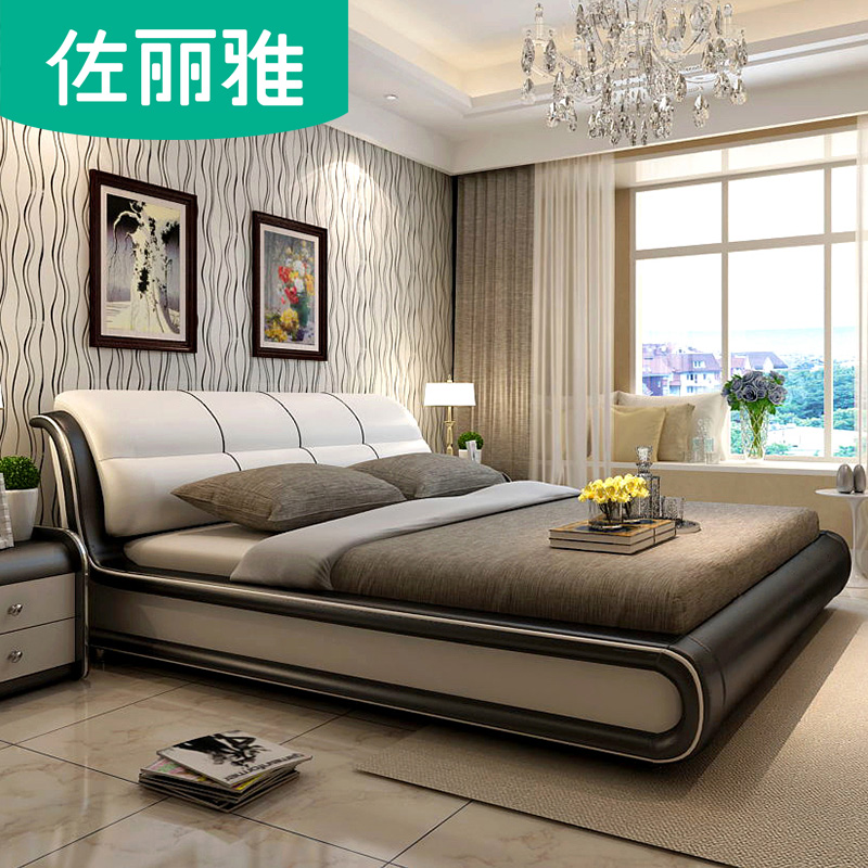 佐丽雅床真皮床皮质简约现代 软体床 1.8米1.5米皮床 主卧实木高箱储物榻榻米双人床 大婚床皮艺床 SN901