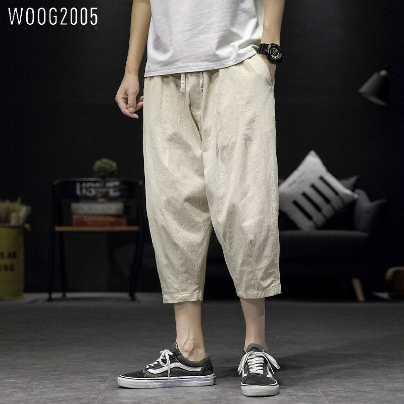 WOOG2005 2022夏季新款宽松七分裤男垮裤棉麻大码百搭工装短裤