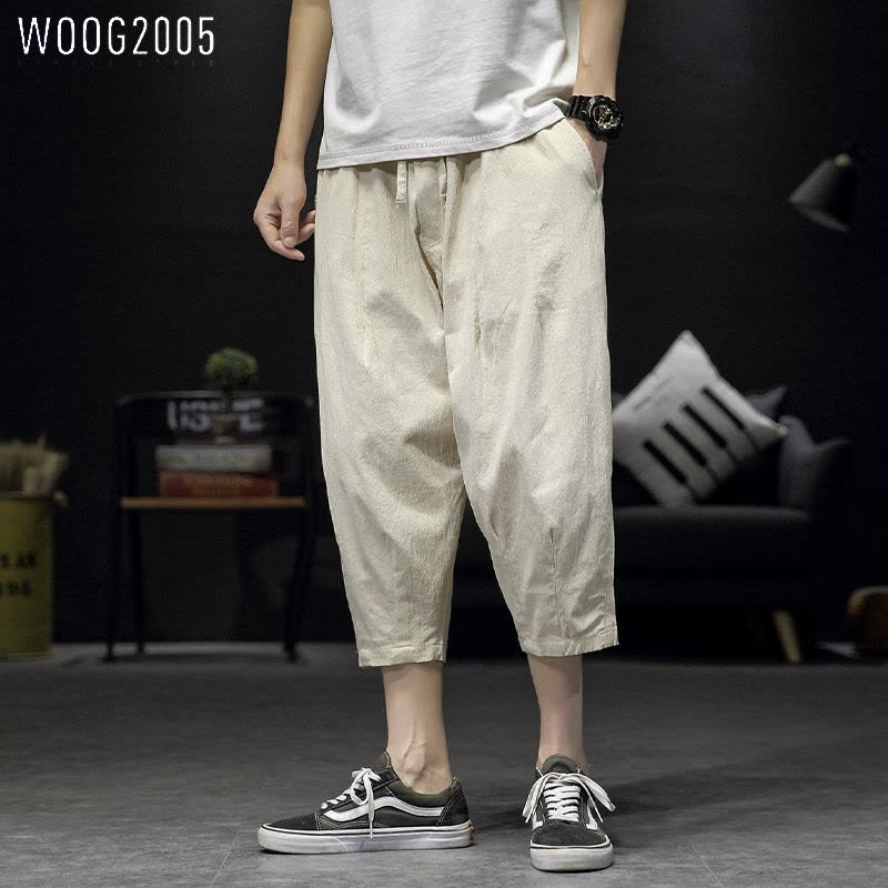 WOOG2005 2022夏季新款宽松七分裤男垮裤棉麻大码百搭工装短裤图片