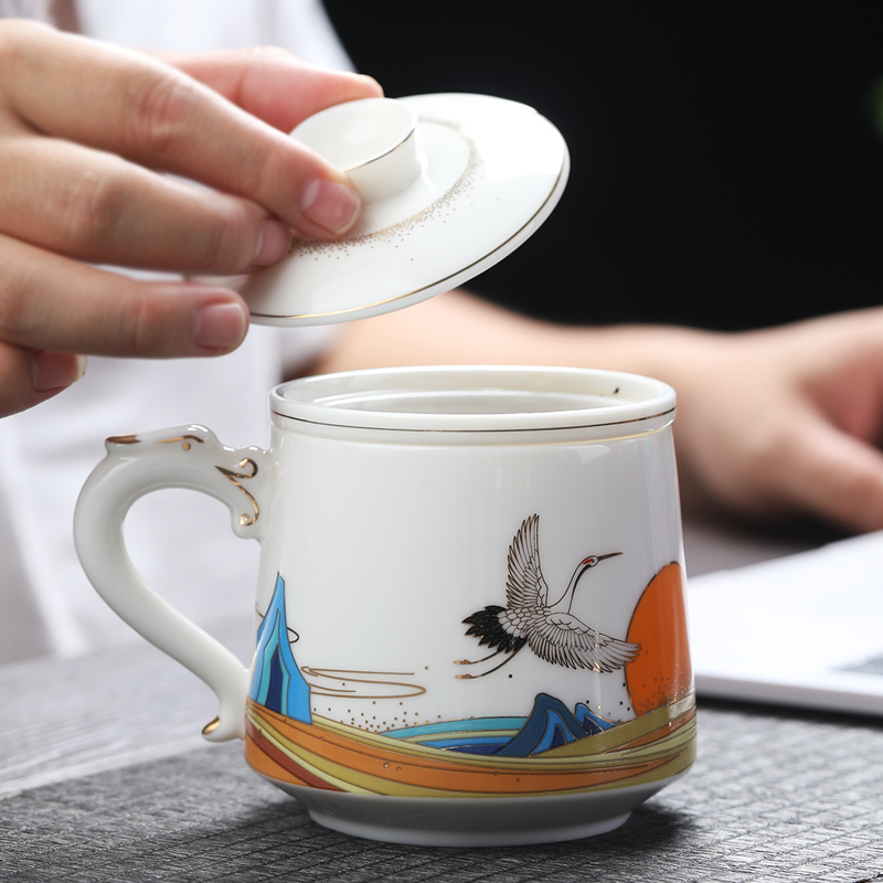 元青茶杯(MULTIPOTENT)玉瓷办公杯陶瓷带盖滤芯茶水分离过滤茶杯德化白瓷会议室水杯银鹤龙水杯礼盒装高清大图