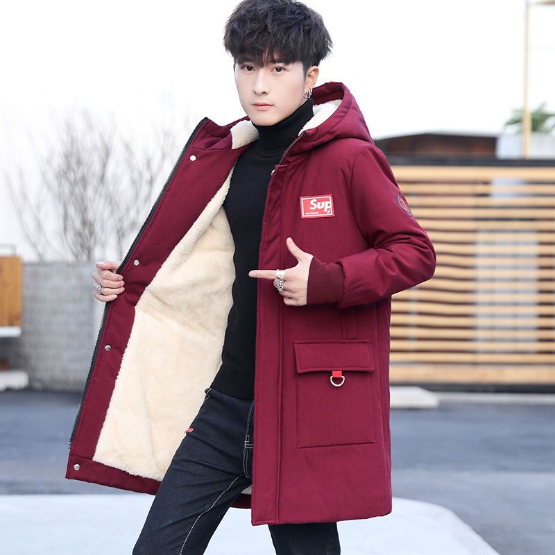 棉衣男学生韩版中长款加绒棉袄冬季青年修身棉服青少年加绒外套潮