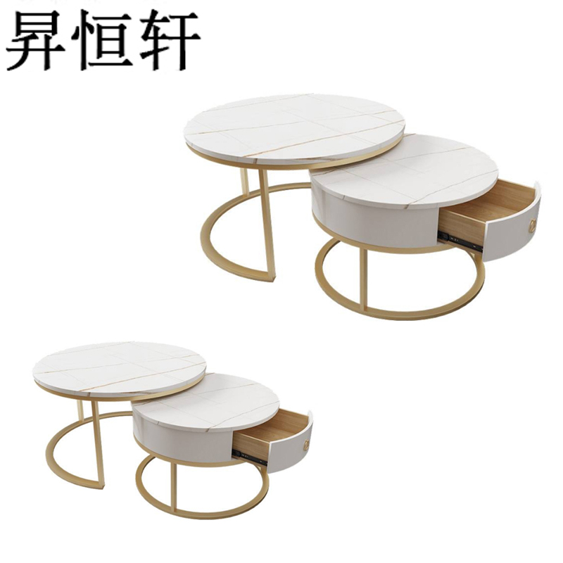 昇恒轩 轻奢大理石岩板圆形茶几抽屉花几简约现代桌子 HSX-62512/张高清大图