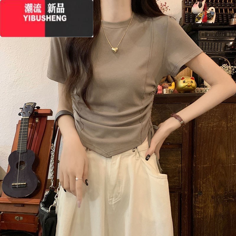 YIBUSHENG纯欲辣妹风抽绳设计感短袖t恤女季新款不规则修身显瘦短款上衣 咖色高质量 XL