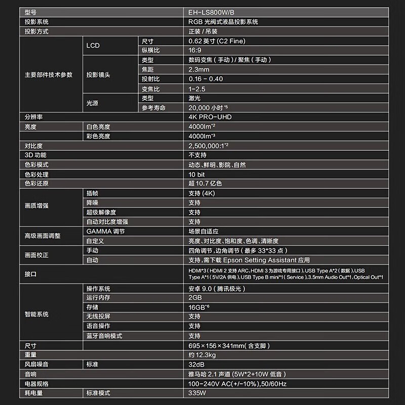 爱普生(EPSON)EH-LS800B/EH-LS800W投家用4K激光电视 超短焦家庭影院投影机内置系统EH-LS800W高清大图