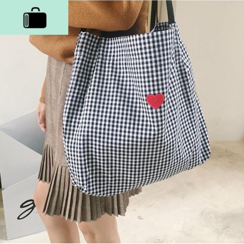 自制日韩爱心小麋鹿森系文艺格子帆布包刺绣学生女购物袋女式包NEW LAKE女士单肩包高清大图