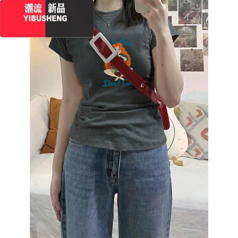 YIBUSHENG2024新款季正肩t恤女美式复古设计感小众短袖潮牌修身显瘦上衣高清大图