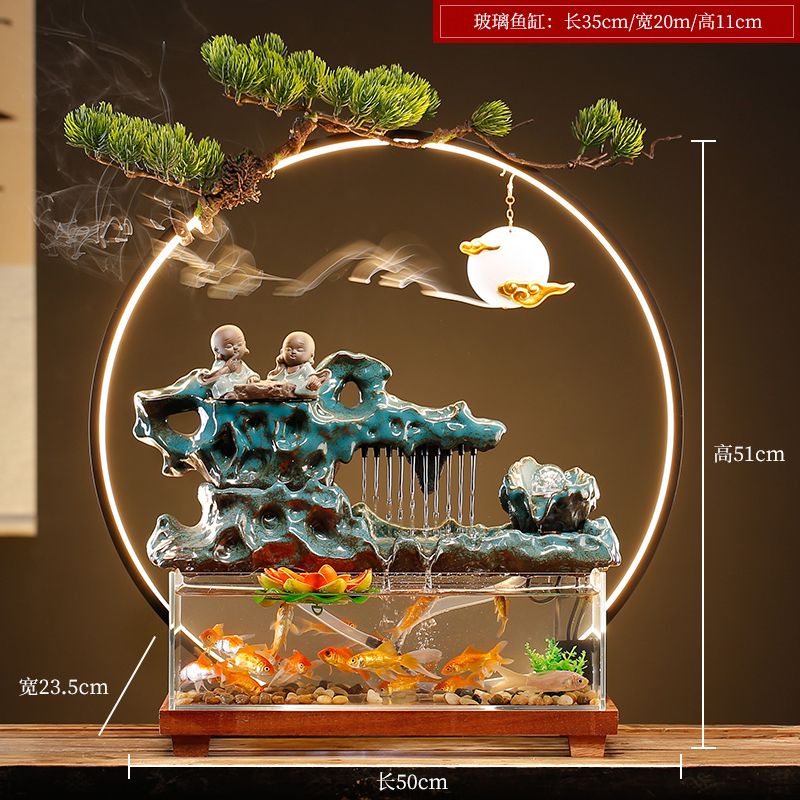 创意招财循环流水生财玻璃金鱼缸摆件办公室桌面客厅乔迁开业礼品