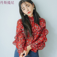 2018春装红色雪纺衫小碎花长袖花瓣袖宽松木耳边衬衫上衣女红色