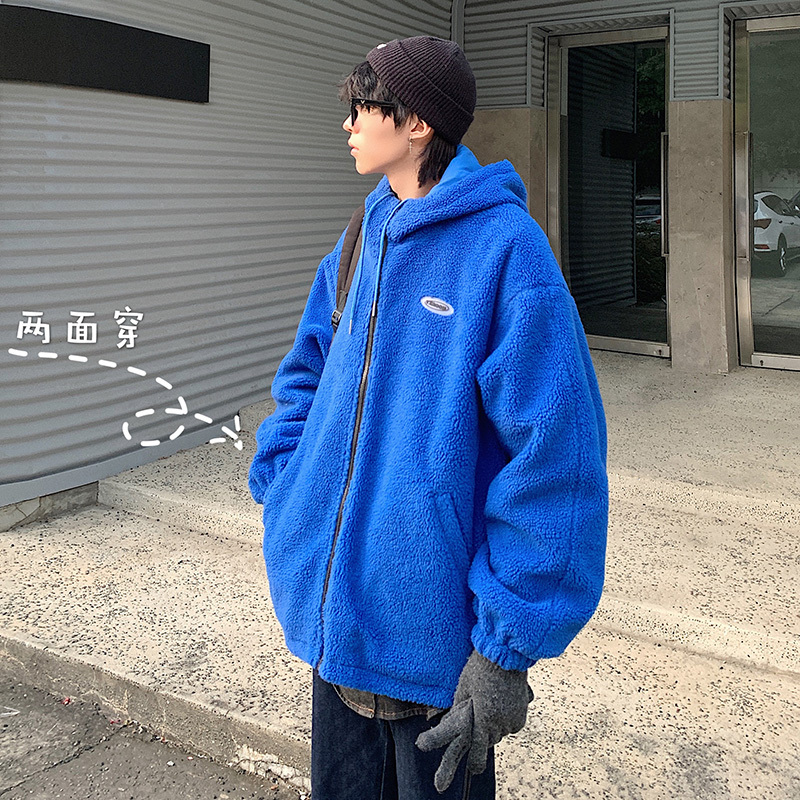 YUANSU两面穿贴标羊羔毛棉衣男士潮牌大码棉袄冬季港风棉服宽松休闲外套棉衣