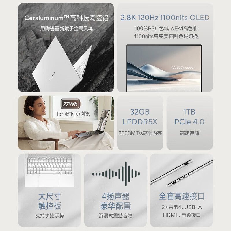 华硕灵耀14 Air 2026 全新第三代酷睿 Ultra 7 2.8K 1100nits OLED 超薄14英寸1.1cm AI笔记本电脑(356H 32G 1T)高清大图