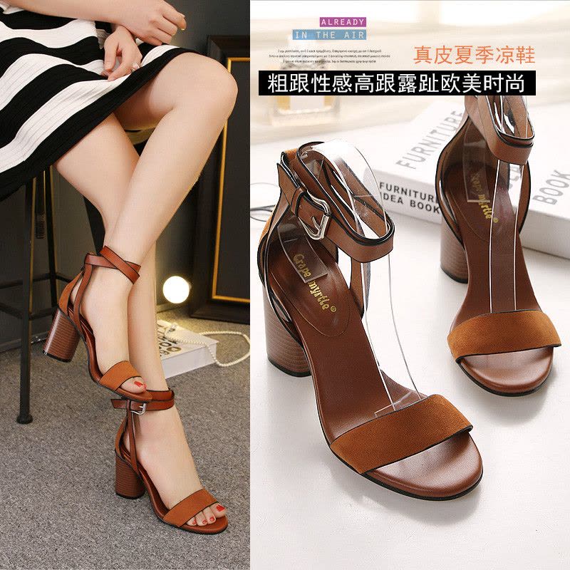 Crape myrtle2019夏季新款欧美时尚一字扣绒面粗跟凉鞋罗马高跟鞋女鞋 凉鞋 女图片