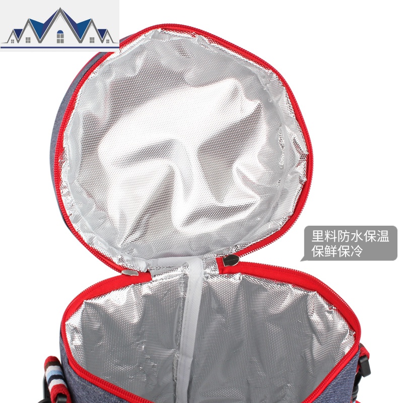 牛仔圆形饭盒袋保温袋铝箔便当包手提包便当袋带饭包装饭盒的袋子 三维工匠收纳袋高清大图