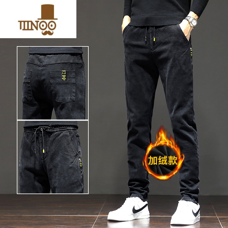 YANXU加绒加厚男士牛仔裤修身小脚款冬季直筒休闲保暖学生裤子男款 28 130黑色(加绒款)