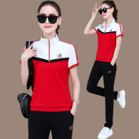 夏季运动服套装女2021新款时尚宽松洋气短袖立领休闲跑步服两件套
