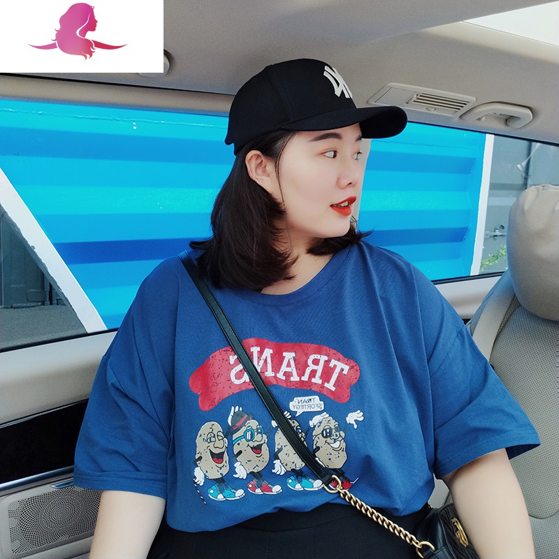 艳如飞200斤胖mm夏季新款加肥加大码女装休闲短袖宽松遮肉卡通印花T恤衫休闲运动套装