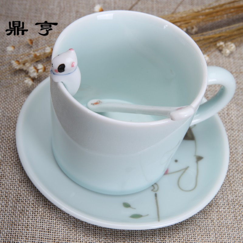 鼎亨包邮3D立体动物陶瓷杯创意马克杯子可爱情侣杯子带勺个性咖啡