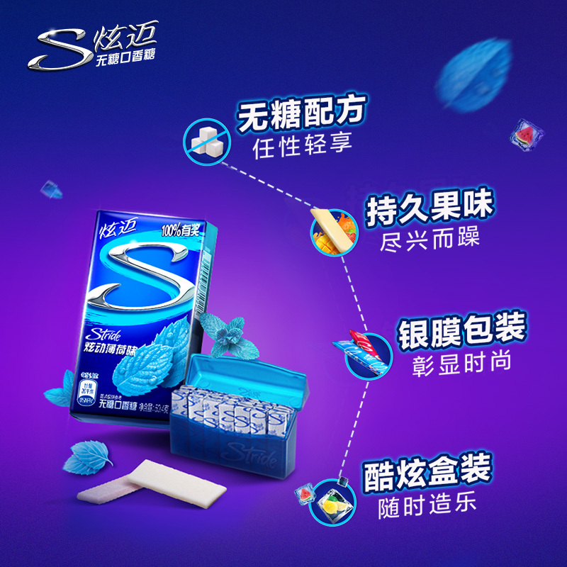 炫迈无糖口香糖清凉糖果休闲零食水果味提神清凉 炫动薄荷味28片 -单盒*3高清大图