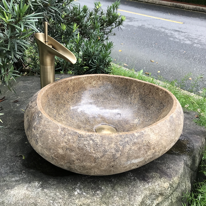 天然鹅卵石洗手盆户外石头台上盆藤印象庭院洗脸盆花园别墅原石水池