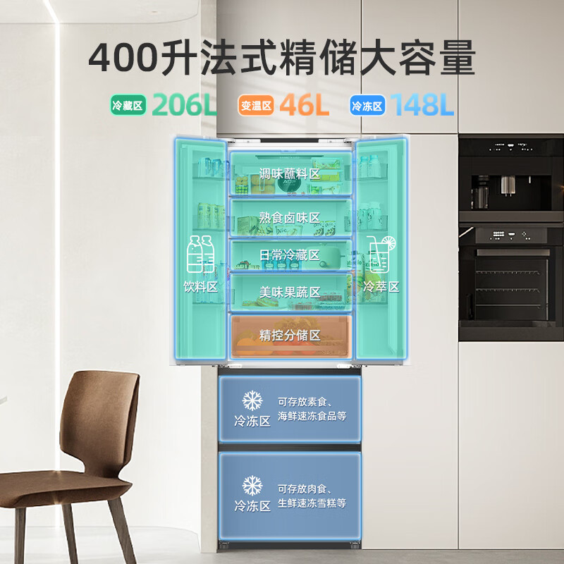 美菱冰箱无忧嵌400升法式多门冰箱小户型家用底部散热超薄窄门嵌入一级能效变频白色BCD-400WP9CZX高清大图