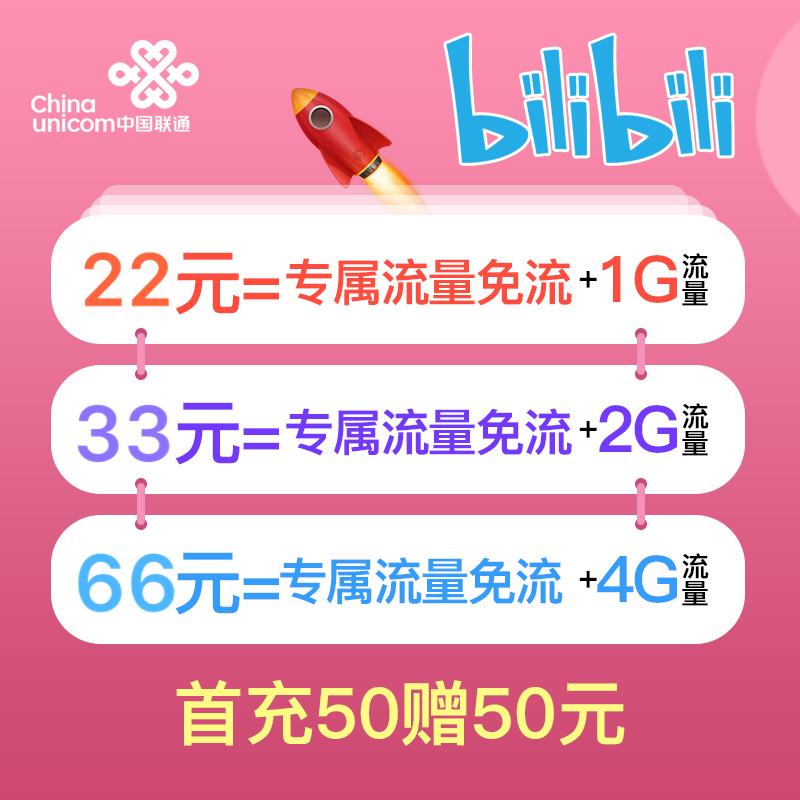 中国联通哔哩哔哩22元33元小电视卡sim卡手机卡流量卡哔哩哔哩22元卡