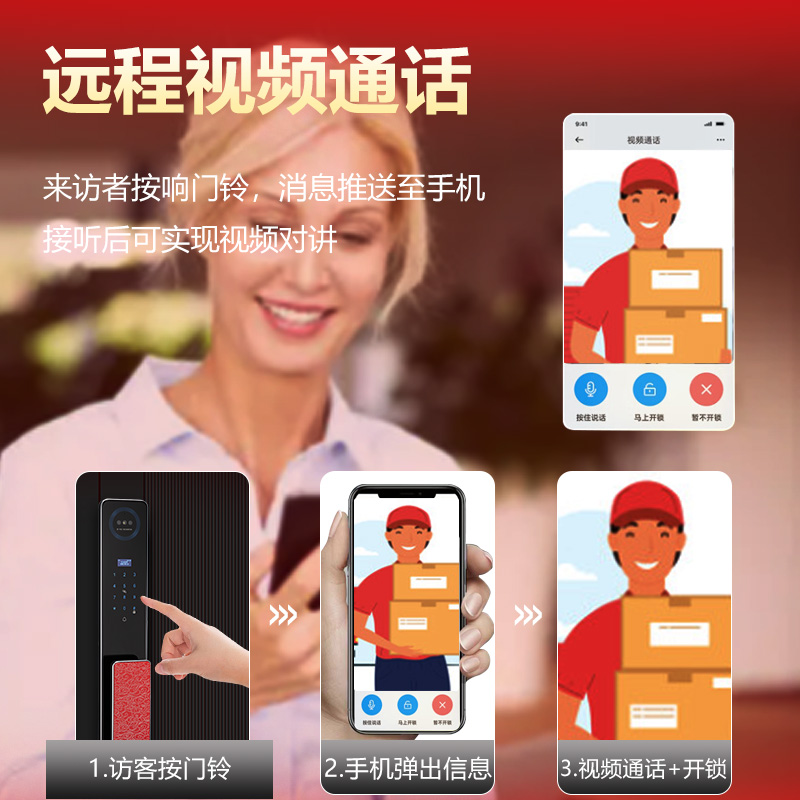 凡帝亚智能锁智能门锁FDY-F26，3D人脸识别，远程解锁，视频对讲、电子猫眼、移动侦测、抓拍照片、全自动开锁和上锁高清大图