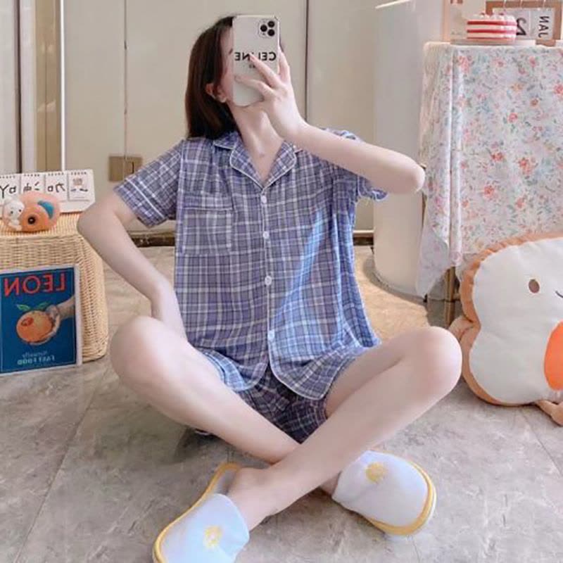 ins夏季睡衣女慵懒风卡通甜美开衫短袖短裤学生两件家居服套装莎丞图片