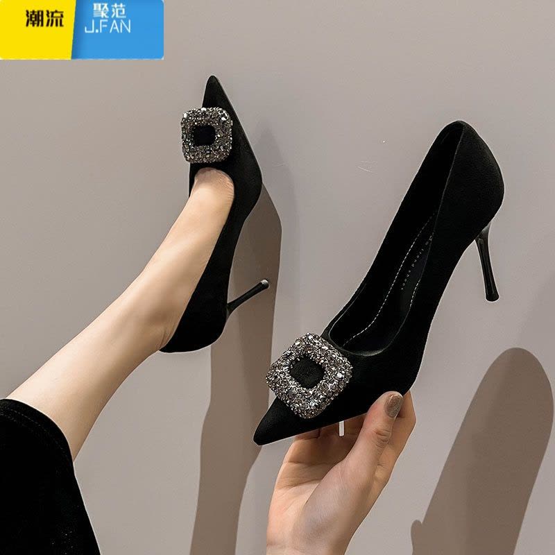 聚范轻奢方扣高跟鞋女细跟黑色工作鞋尖头单鞋2024夏季新款气质女范图片